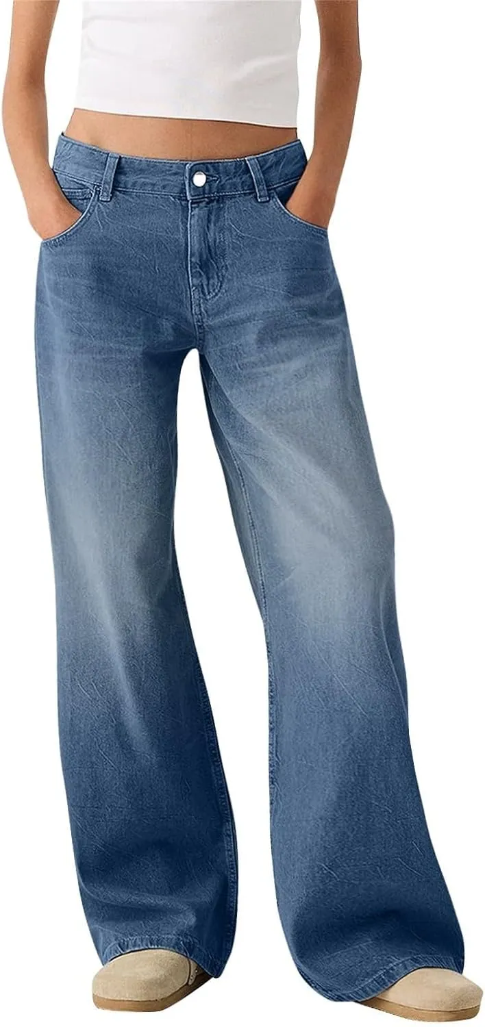 Womens Straight Leg Jeans High Waisted Baggy Jeans Wide Leg Stretchy Trendy Denim Pants with Pockets