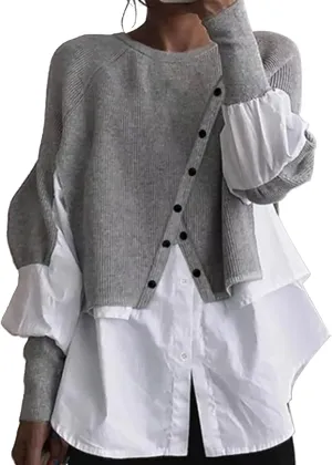 Womens Stylish Patchwork Blouse 2 in 1 Oblique Buttons Lantern Sleeve Pullover Sweater Casual Layered Raglan Loose Fit Shirts