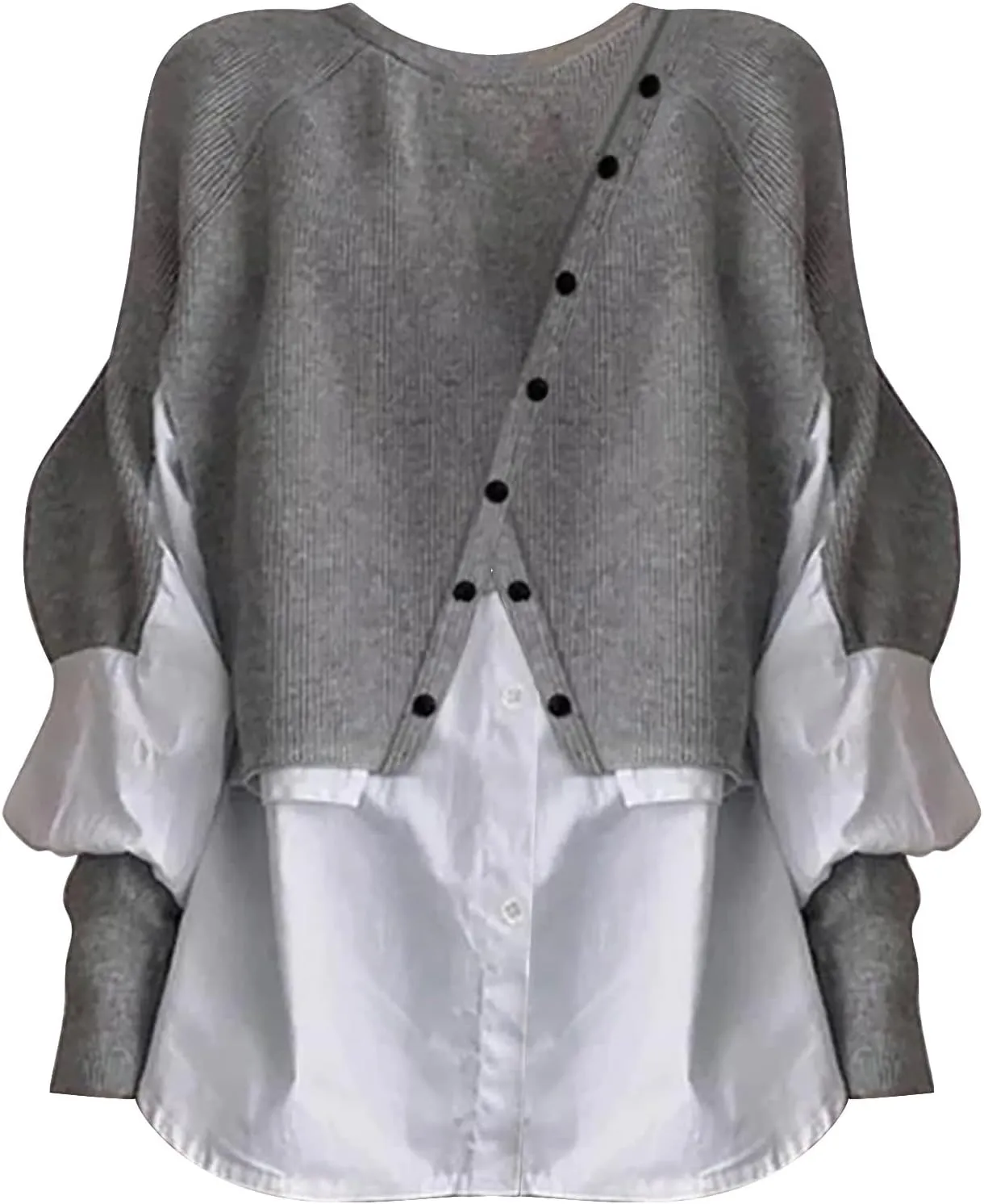 Womens Stylish Patchwork Blouse 2 in 1 Oblique Buttons Lantern Sleeve Pullover Sweater Casual Layered Raglan Loose Fit Shirts