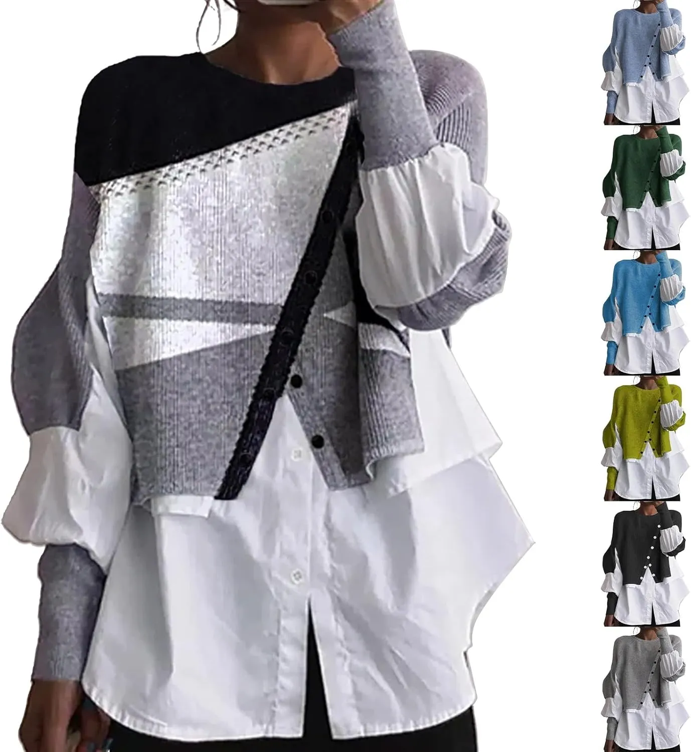 Womens Stylish Patchwork Blouse 2 in 1 Oblique Buttons Lantern Sleeve Pullover Sweater Casual Layered Raglan Loose Fit Shirts