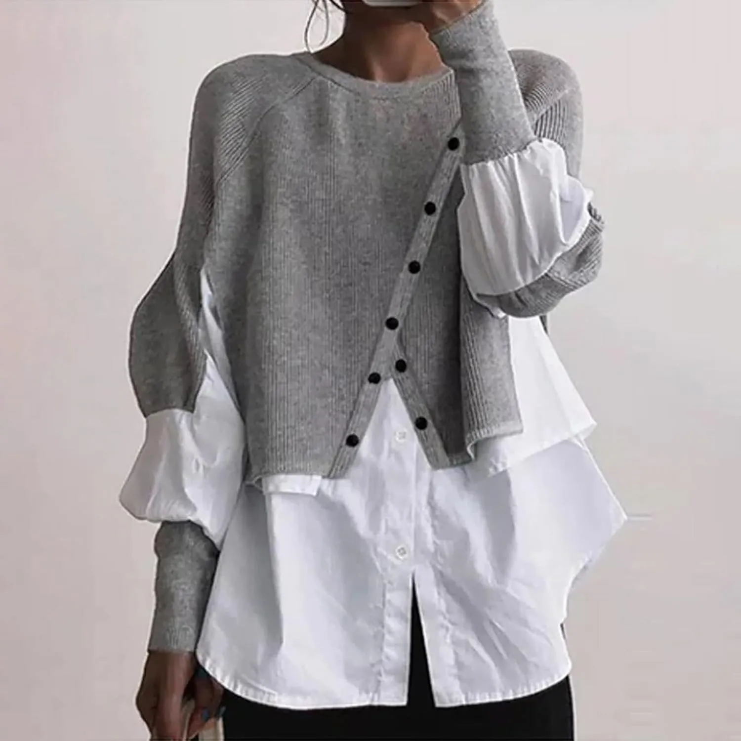 Womens Stylish Patchwork Blouse 2 in 1 Oblique Buttons Lantern Sleeve Pullover Sweater Casual Layered Raglan Loose Fit Shirts