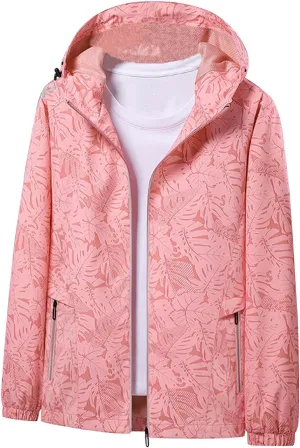Womens Stylish Raincoat Leaves Print Hooded Rain Jacket Fall Lightweight Zipper Up Waterproof Windbreaker for Hiking