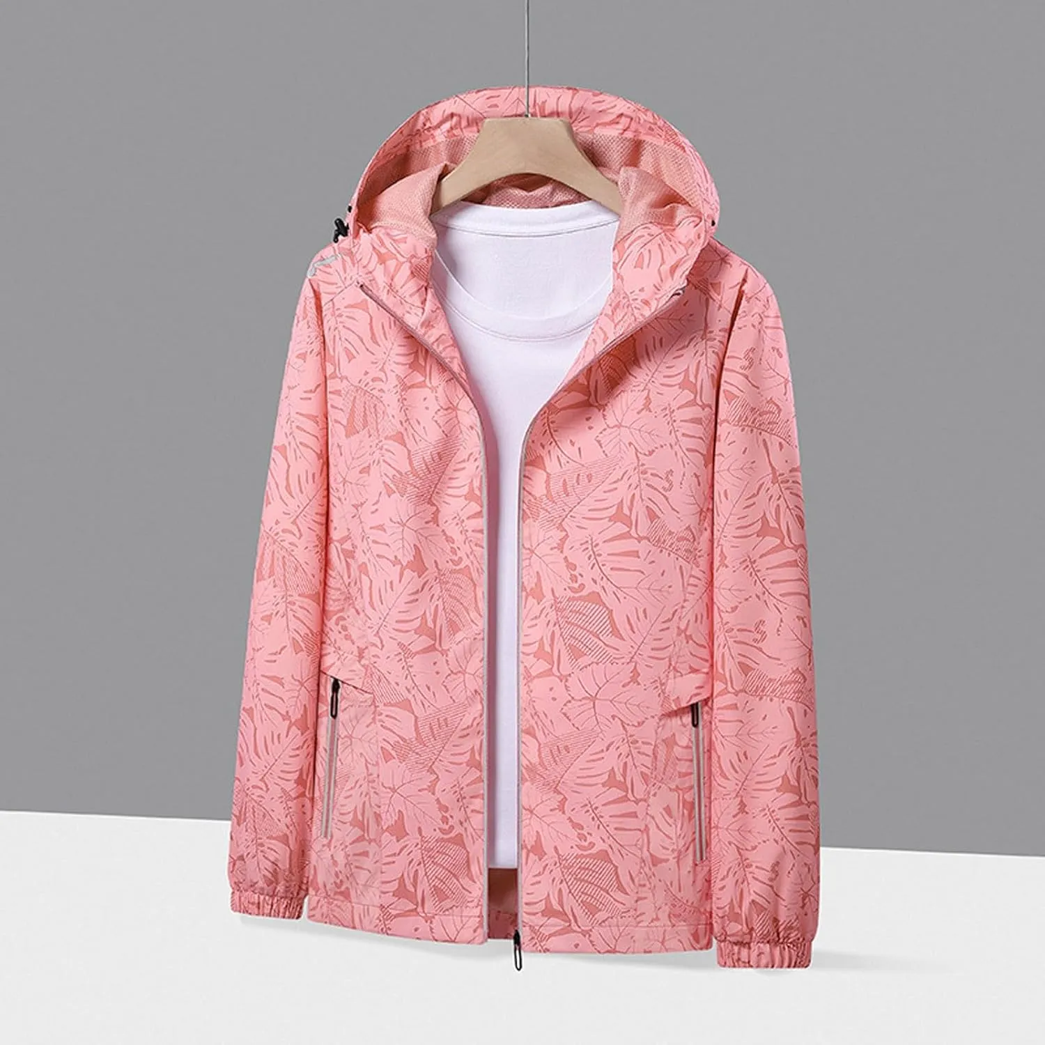 Womens Stylish Raincoat Leaves Print Hooded Rain Jacket Fall Lightweight Zipper Up Waterproof Windbreaker for Hiking