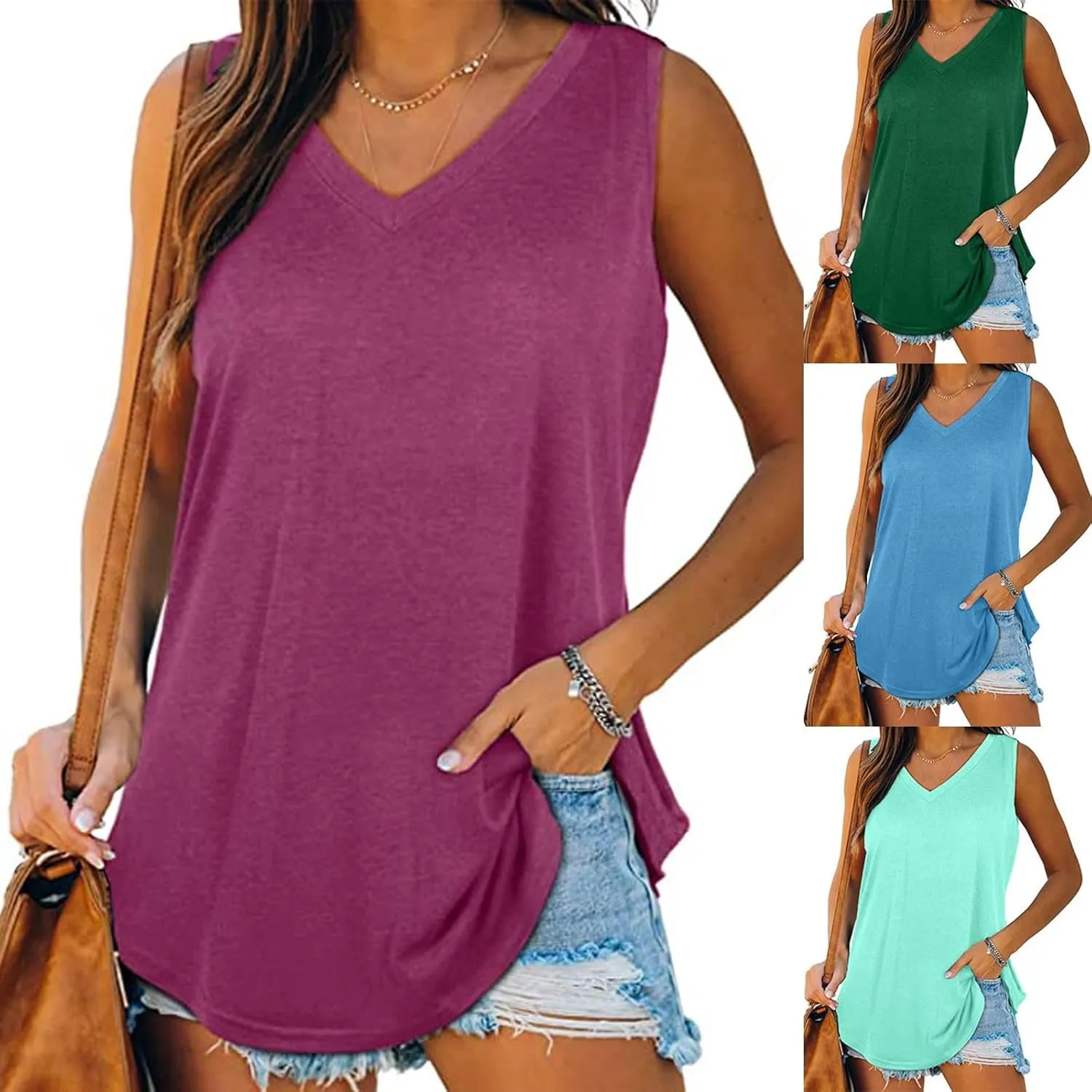 Women's Tank Tops Loose Fit Casual Sleeveless V Neck T Shirts Plus Size Comfy Blouses Trendy Summer Tops