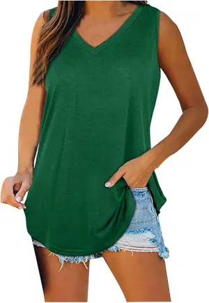Women's Tank Tops Loose Fit Casual Sleeveless V Neck T Shirts Plus Size Comfy Blouses Trendy Summer Tops