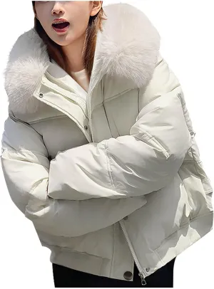 Women's Thickened Down Coat Short Puffer Jacket with Faux Fur Hood Quilted Warm Winter Parka Waterproof Jackets