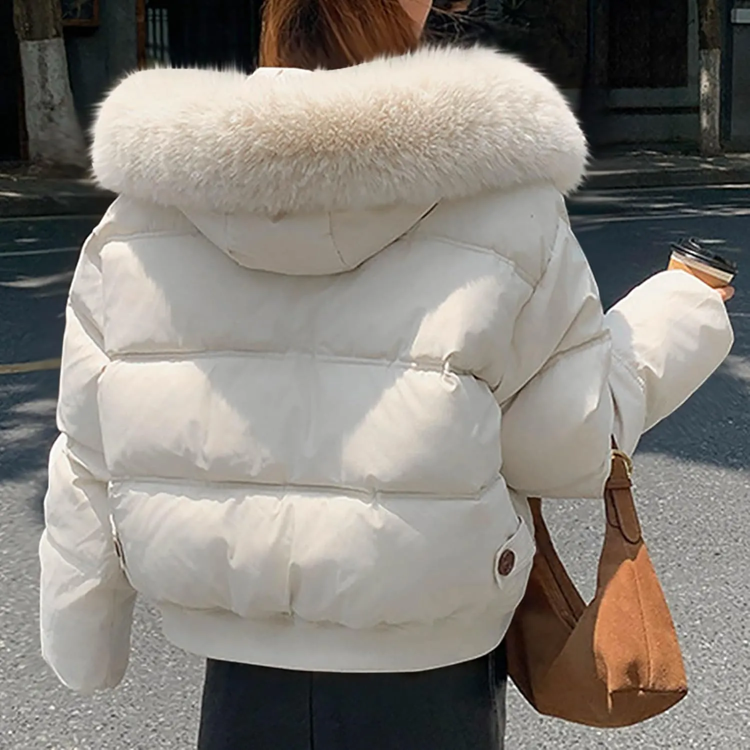 Women's Thickened Down Coat Short Puffer Jacket with Faux Fur Hood Quilted Warm Winter Parka Waterproof Jackets