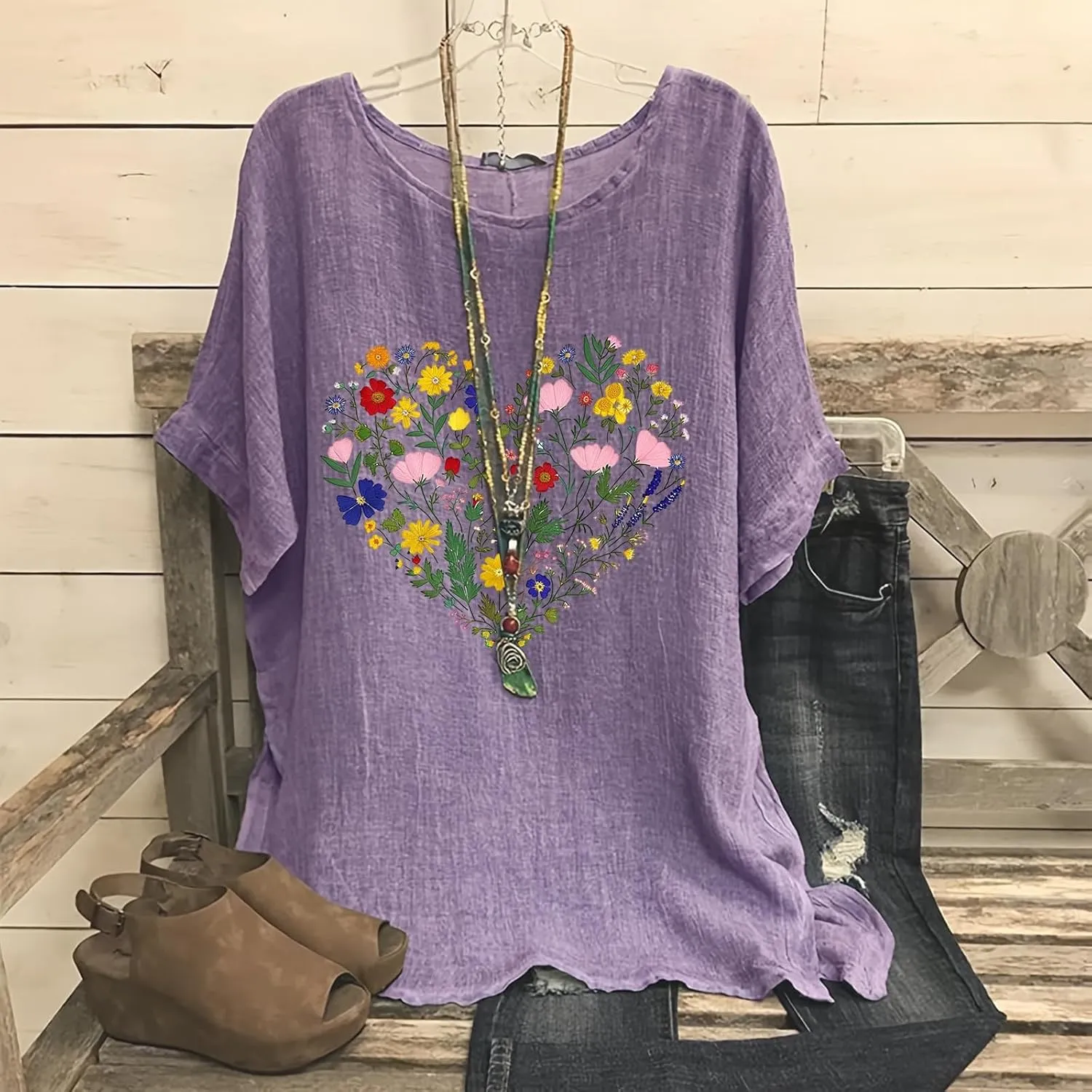 Womens Tshirts Cotton Loose Fit Lightweight Linen Blouses Soft Shirts Fashion Flower Print Casual Summer Blouse Tee
