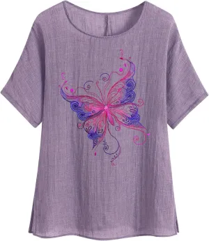 Womens Tshirts Cotton Loose Fit Lightweight Linen Blouses Soft Shirts Fashion Flower Print Casual Summer Blouse Tee