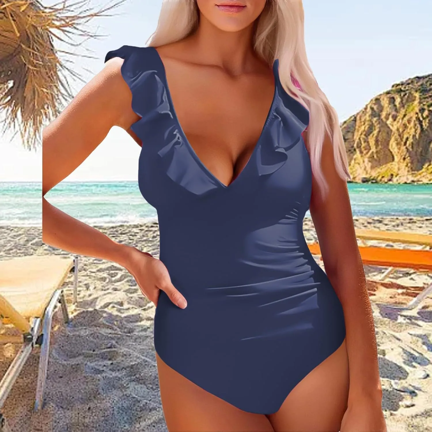 Womens Tummy Control Swimsuits One Piece V Neckline Ruffle Swimwear Bathing Suits Swimwear
