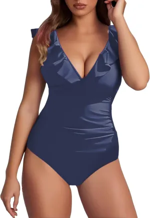 Womens Tummy Control Swimsuits One Piece V Neckline Ruffle Swimwear Bathing Suits Swimwear