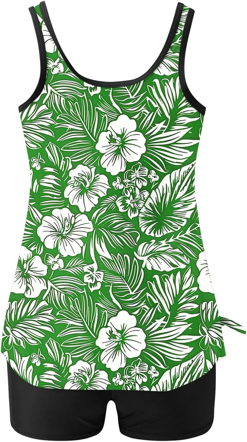 Womens Two Piece Tankini Bathing Suits Blouson Swim Tank Tops with with High Waist Tummy Control Boy Shorts Siwmwear