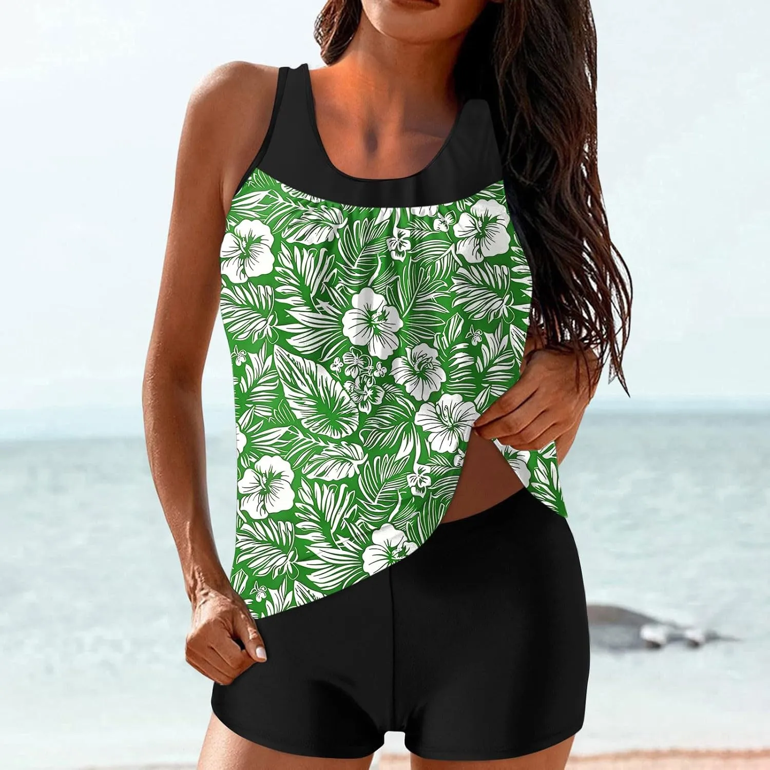 Womens Two Piece Tankini Bathing Suits Blouson Swim Tank Tops with with High Waist Tummy Control Boy Shorts Siwmwear