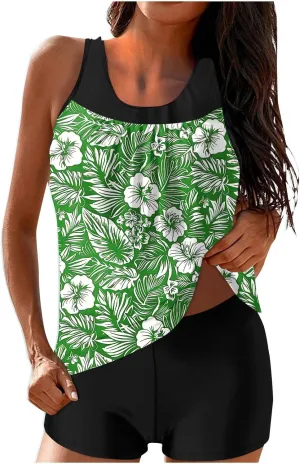 Womens Two Piece Tankini Bathing Suits Blouson Swim Tank Tops with with High Waist Tummy Control Boy Shorts Siwmwear