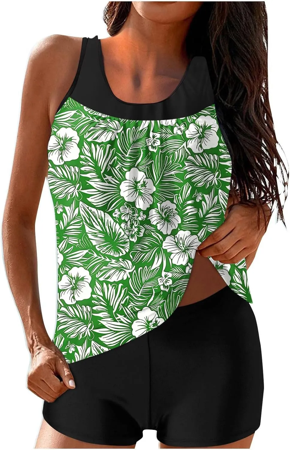 Womens Two Piece Tankini Bathing Suits Blouson Swim Tank Tops with with High Waist Tummy Control Boy Shorts Siwmwear
