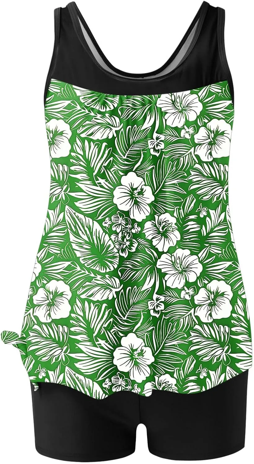 Womens Two Piece Tankini Bathing Suits Blouson Swim Tank Tops with with High Waist Tummy Control Boy Shorts Siwmwear