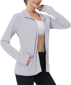 Womens UPF 50  Sun Protection Hoodie Sun Shirt Lightweight Long Sleeve Jacket UV Rash Guard Zip Front Outdoor Top