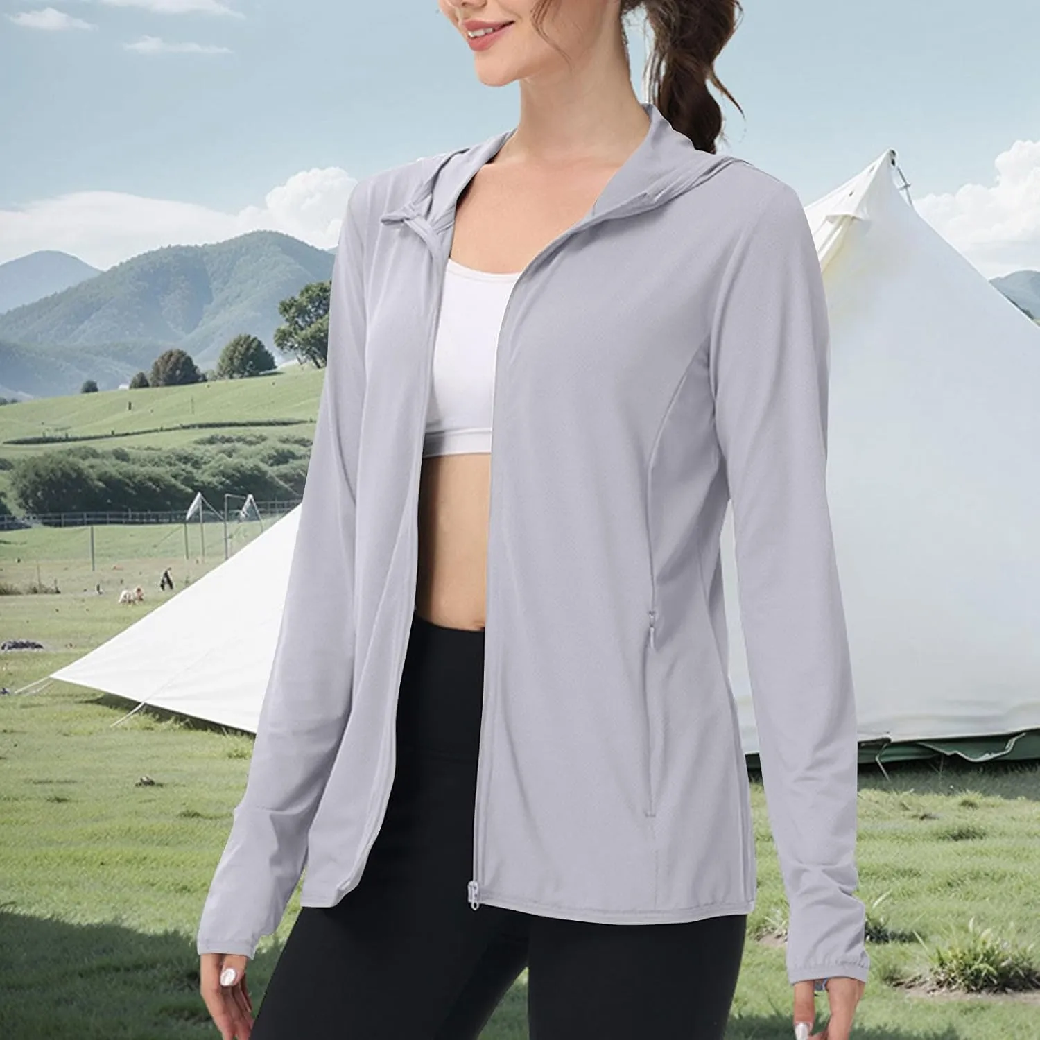 Womens UPF 50  Sun Protection Hoodie Sun Shirt Lightweight Long Sleeve Jacket UV Rash Guard Zip Front Outdoor Top