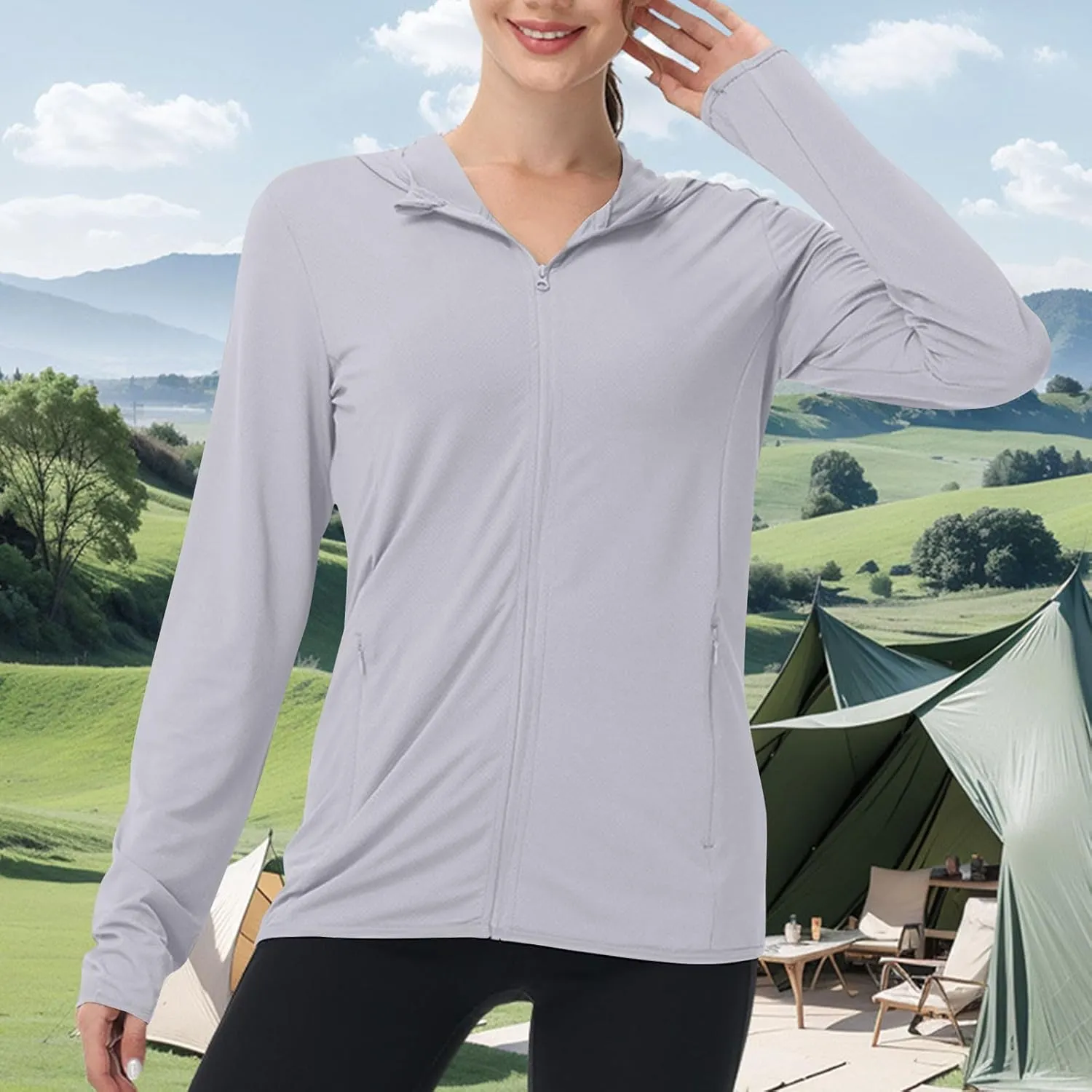 Womens UPF 50  Sun Protection Hoodie Sun Shirt Lightweight Long Sleeve Jacket UV Rash Guard Zip Front Outdoor Top