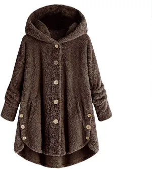 Womens Winter Coats Oversized Fleece Hooded Coat Casual Loose Button Cardigan Jackets Warm Pajama Outdoor