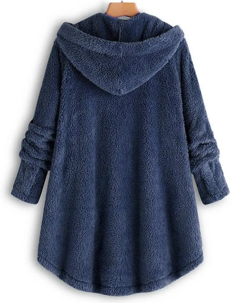 Womens Winter Coats Oversized Fleece Hooded Coat Casual Loose Button Cardigan Jackets Warm Pajama Outdoor