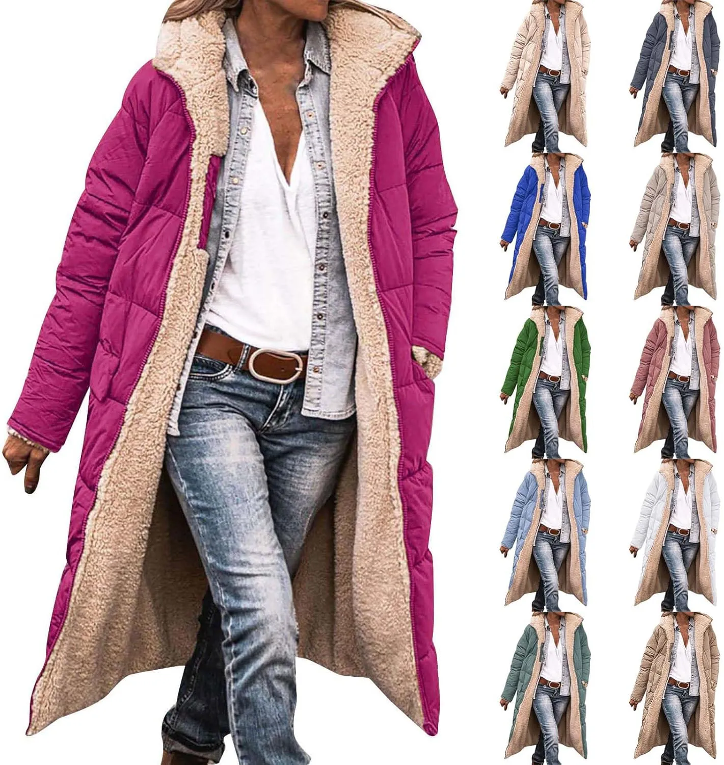 Womens Winter Oversized Padded Long Coats Reversible Sherpa Fleece Lined Hooded Puffer Jackets Outerwear with Pockets