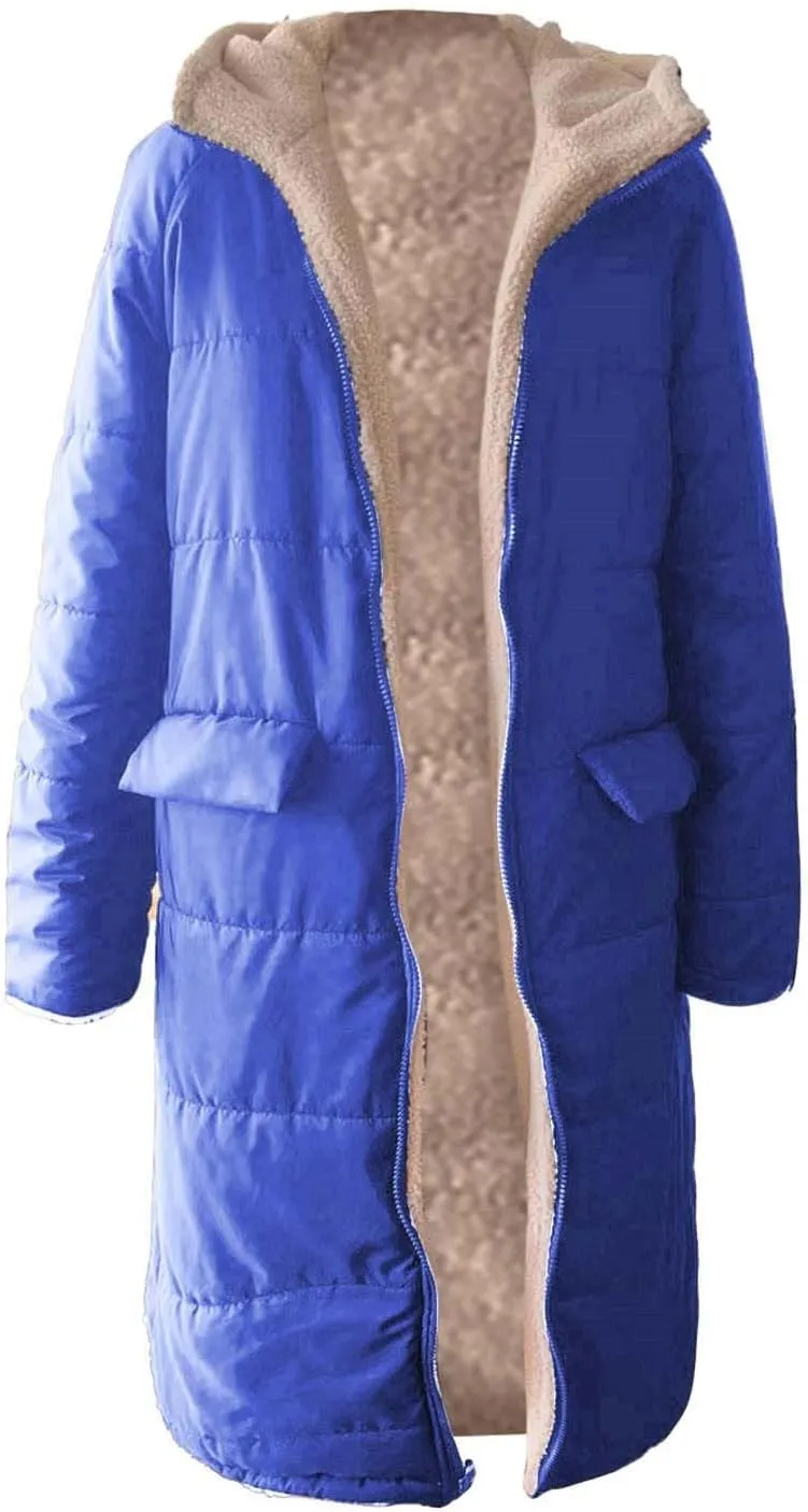 Womens Winter Oversized Padded Long Coats Reversible Sherpa Fleece Lined Hooded Puffer Jackets Outerwear with Pockets