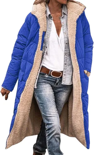 Womens Winter Oversized Padded Long Coats Reversible Sherpa Fleece Lined Hooded Puffer Jackets Outerwear with Pockets