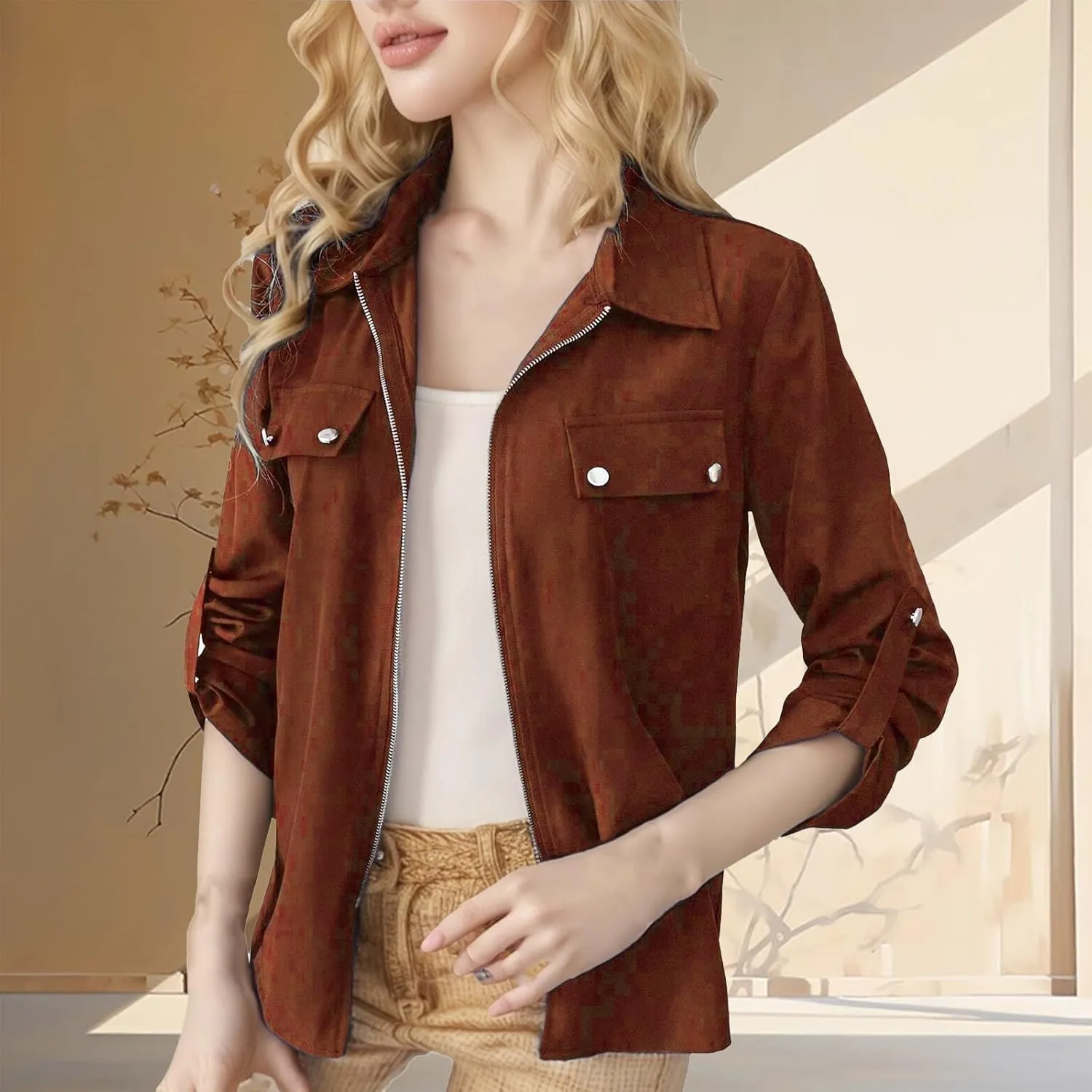 Women's Zip Up Bomber Jackets Lapel Collar Roll Up Sleeve Lightweight Shackets Coats Casual Fall Outwear with Pockets
