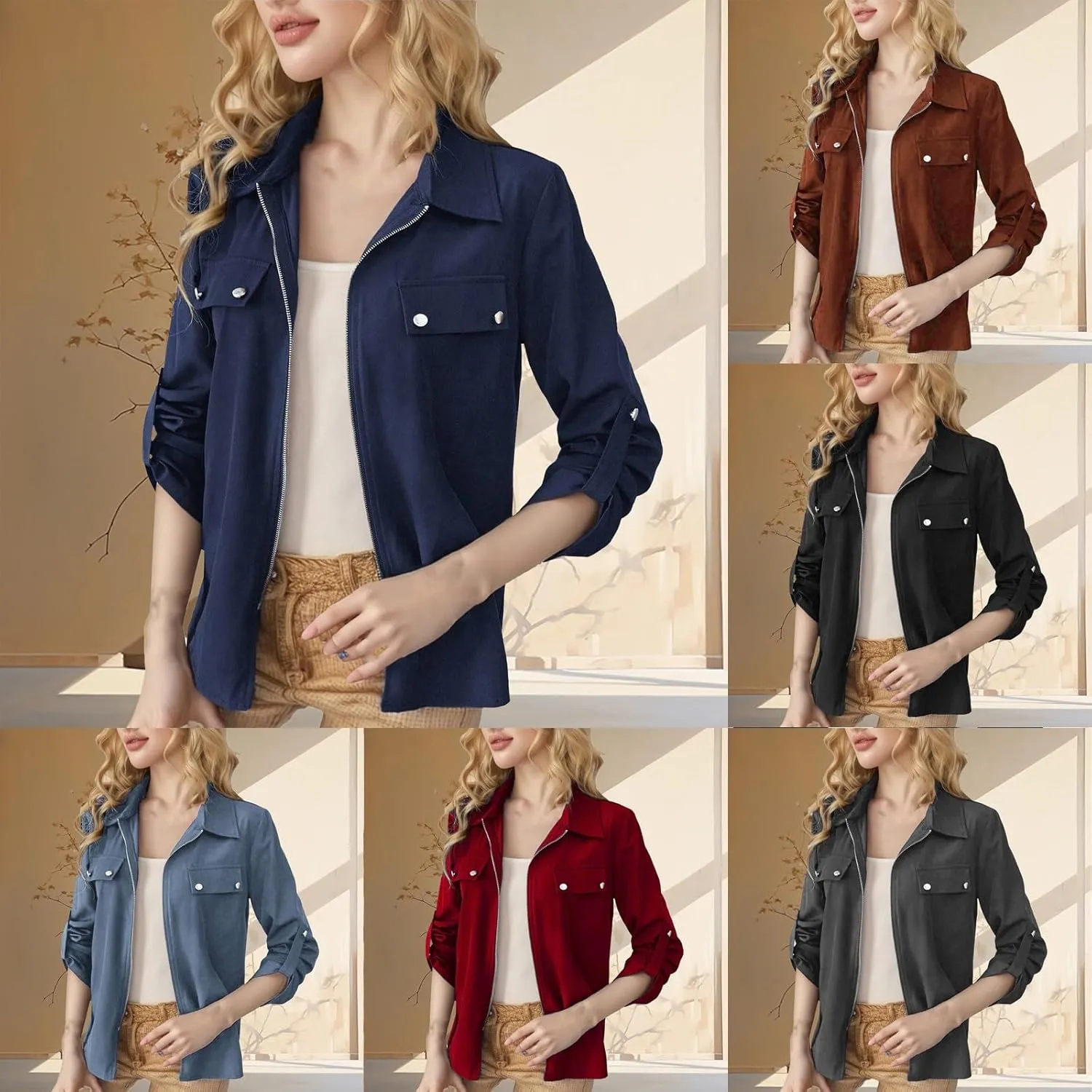 Women's Zip Up Bomber Jackets Lapel Collar Roll Up Sleeve Lightweight Shackets Coats Casual Fall Outwear with Pockets