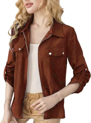 Women's Zip Up Bomber Jackets Lapel Collar Roll Up Sleeve Lightweight Shackets Coats Casual Fall Outwear with Pockets