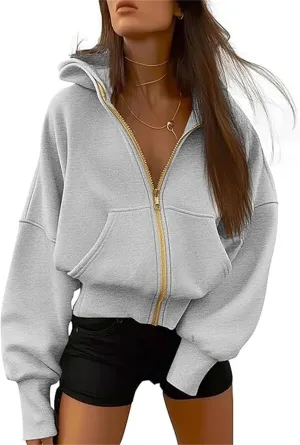 Women's Zip-Up Hooded Long Sleeve Cropped Sweatshirt Fleece Hooded Jacket Y2K Hooded Jacket Casual Comfy Gym Tops 2024
