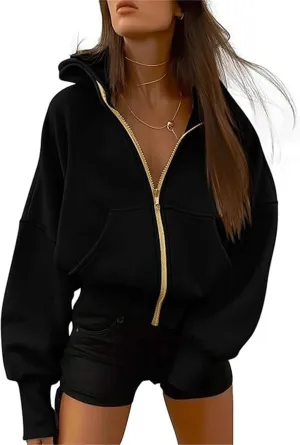 Women's Zip-Up Hooded Long Sleeve Cropped Sweatshirt Fleece Hooded Jacket Y2K Hooded Jacket Casual Comfy Gym Tops 2024