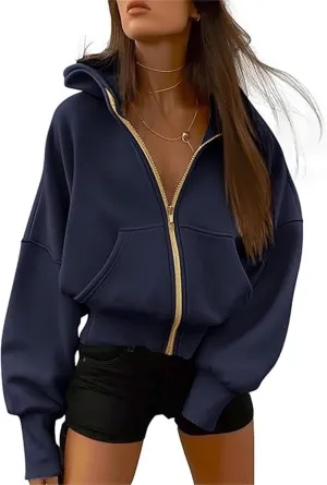 Women's Zip-Up Hooded Long Sleeve Cropped Sweatshirt Fleece Hooded Jacket Y2K Hooded Jacket Casual Comfy Gym Tops 2024