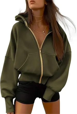 Women's Zip-Up Hooded Long Sleeve Cropped Sweatshirt Fleece Hooded Jacket Y2K Hooded Jacket Casual Comfy Gym Tops 2024