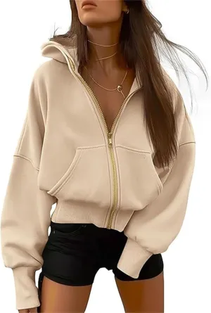 Women's Zip-Up Hooded Long Sleeve Cropped Sweatshirt Fleece Hooded Jacket Y2K Hooded Jacket Casual Comfy Gym Tops 2024