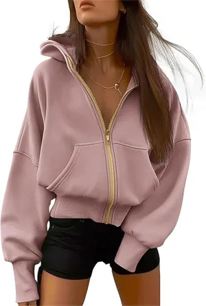 Women's Zip-Up Hooded Long Sleeve Cropped Sweatshirt Fleece Hooded Jacket Y2K Hooded Jacket Casual Comfy Gym Tops 2024