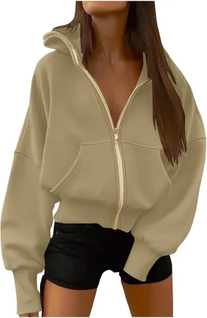 Womens Zip Up Hoodie Fleece Sweatshirt 2025 Fashion Long Sleeve Jacket with Pockets Loose Fit Casual Trendy
