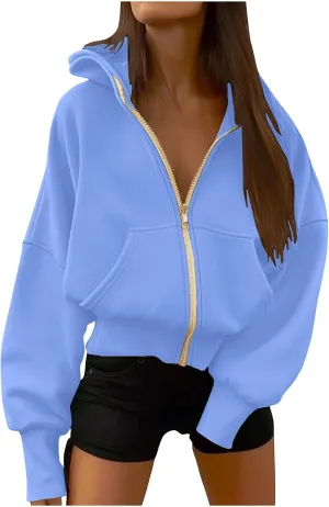 Womens Zip Up Hoodie Fleece Sweatshirt 2025 Fashion Long Sleeve Jacket with Pockets Loose Fit Casual Trendy