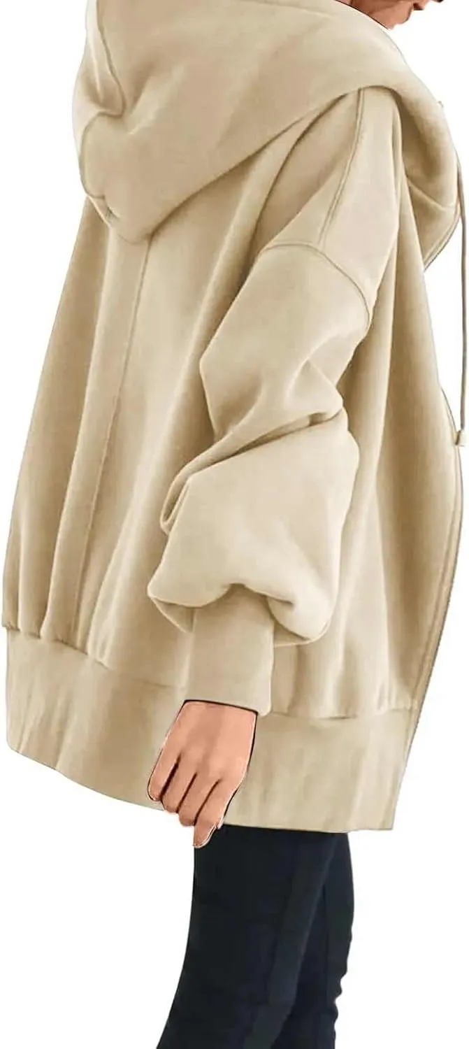 Women's Zip Up Hoodies Drawstring Long Sleeve Oversized Sweatshirts Loose Casual Fall Long Jackets Coats with Pockets