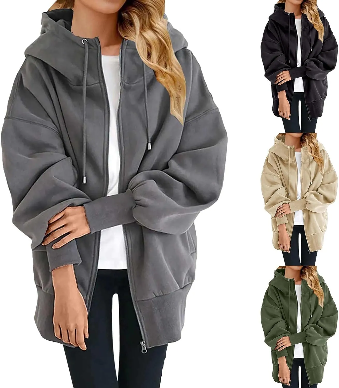 Women's Zip Up Hoodies Drawstring Long Sleeve Oversized Sweatshirts Loose Casual Fall Long Jackets Coats with Pockets