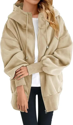 Women's Zip Up Hoodies Drawstring Long Sleeve Oversized Sweatshirts Loose Casual Fall Long Jackets Coats with Pockets