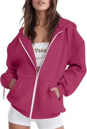 Women's Zip Up Hoodies Long Sleeve Fleece Oversized Sweatshirts Y2K Hooded Jackets 2024 Fashion Clothes with Pockets