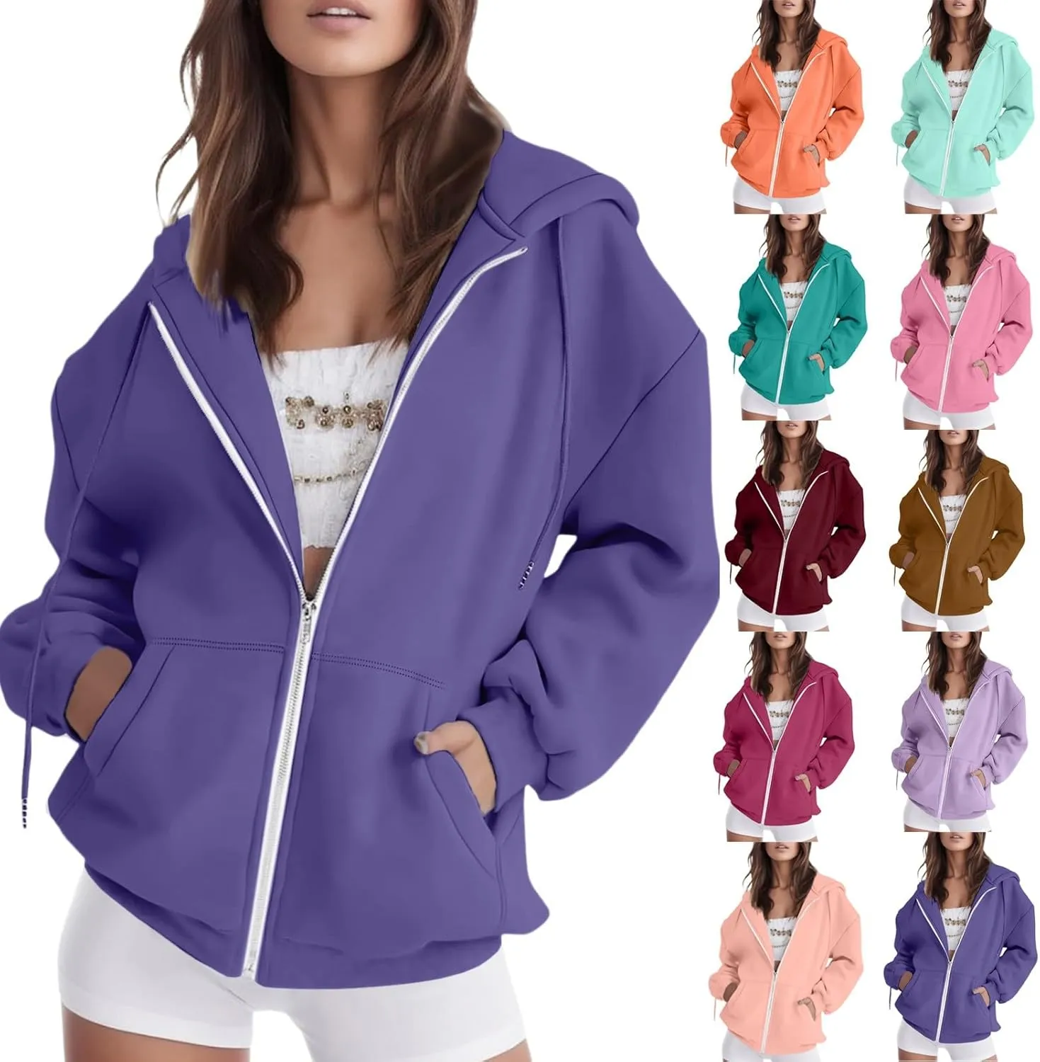 Women's Zip Up Hoodies Long Sleeve Fleece Oversized Sweatshirts Y2K Hooded Jackets 2024 Fashion Clothes with Pockets