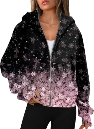 Womens Zip Up Hoodies Oversized Cropped Sweatshirts Fleece Jackets Fall Casual Comfy Gym Tops Winter Warm Clothes 2024