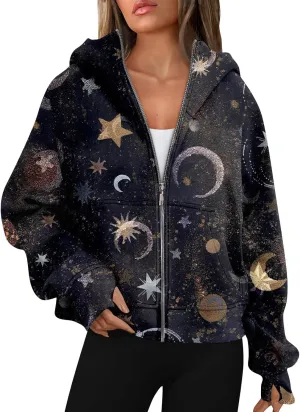 Womens Zip Up Hoodies Oversized Cropped Sweatshirts Fleece Jackets Fall Casual Comfy Gym Tops Winter Warm Clothes 2024