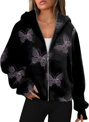 Womens Zip Up Hoodies Oversized Cropped Sweatshirts Fleece Jackets Fall Casual Comfy Gym Tops Winter Warm Clothes 2024