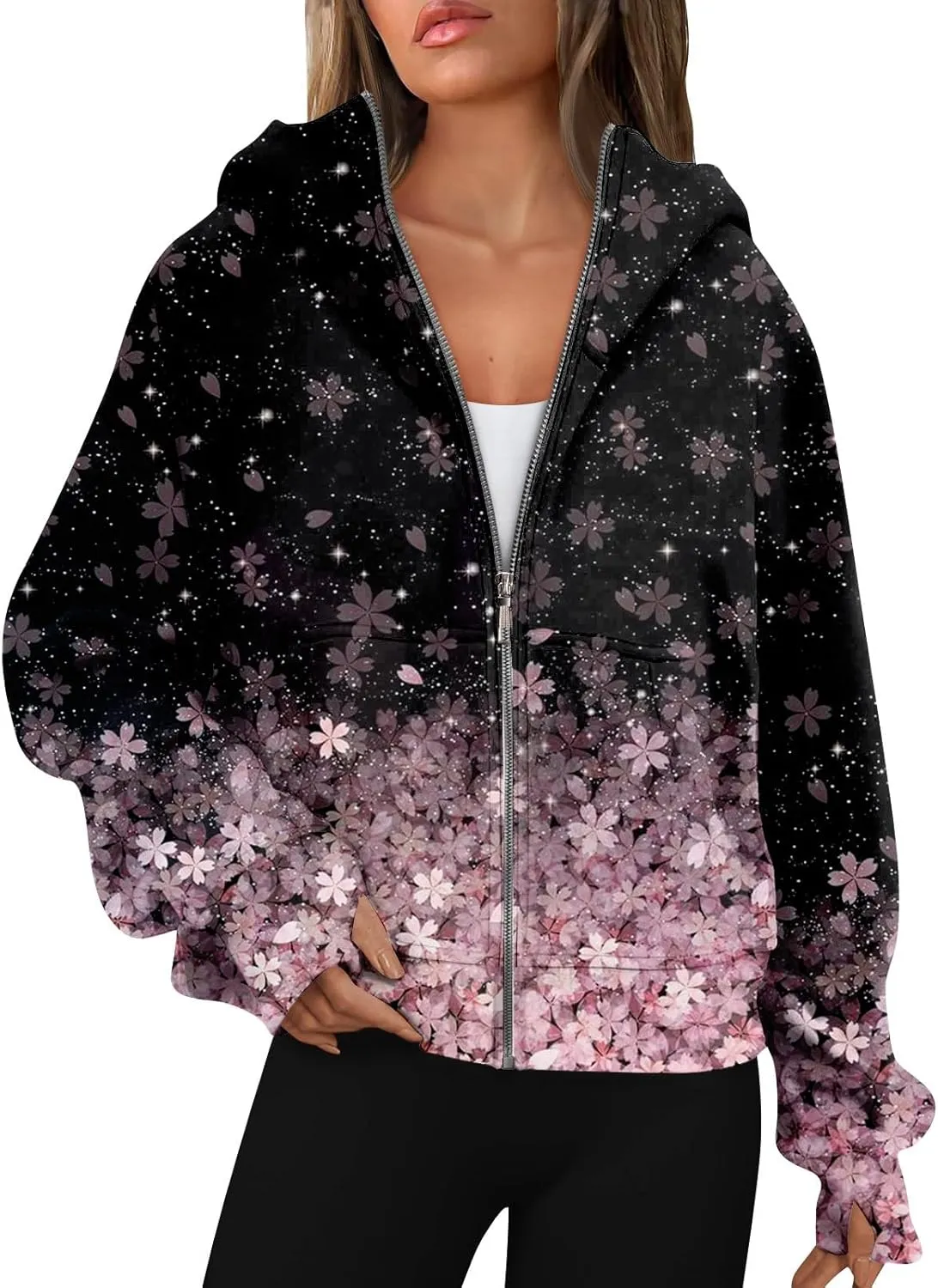 Womens Zip Up Hoodies Oversized Cropped Sweatshirts Fleece Jackets Fall Casual Comfy Gym Tops Winter Warm Clothes 2024