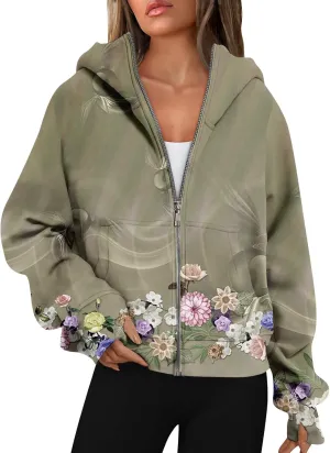 Womens Zip Up Hoodies Oversized Cropped Sweatshirts Fleece Jackets Fall Casual Comfy Gym Tops Winter Warm Clothes 2024