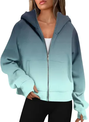 Womens Zip Up Hoodies Oversized Cropped Sweatshirts Fleece Jackets Fall Casual Comfy Gym Tops Winter Warm Clothes 2024